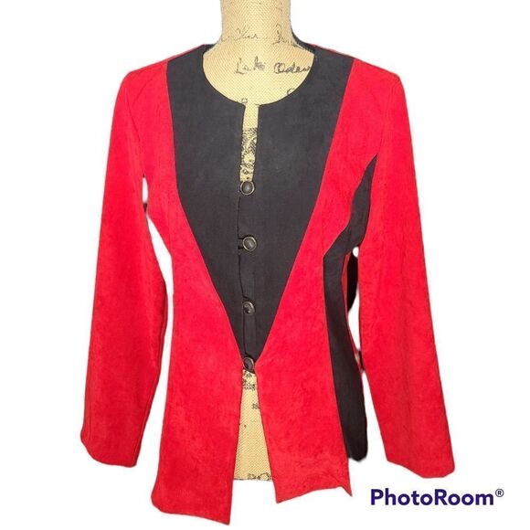 Vintage 80s Red Black Edgy Colorblock Blazer - Picture 2 of 12